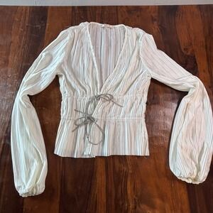 WAYF White Pleated Rhinestone Tie Front Balloon Sleeve V-Neck Blouse XS RN134851